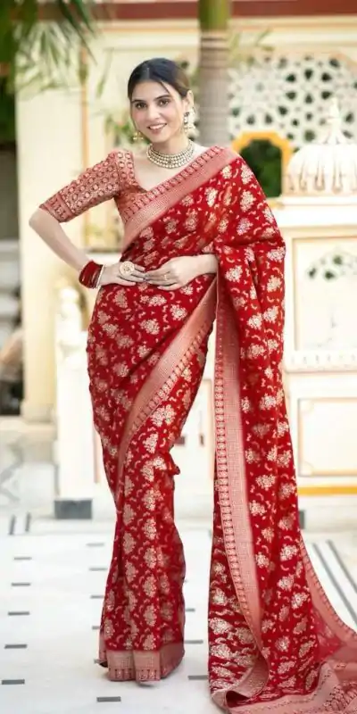 KP 5079 Red Color Soft Lichi Silk Jacquard On All Over Saree Casual, Party Wear, Wedding, Events Etc. Expected Delivery 4-6 Working Days @1449/- | Bollywood Sarees, Creative Sarees, Designer Sarees, Embroidered Sarees, Ethnic Saree, Modern Digital sarees, Party Wear Sarees, Sarees