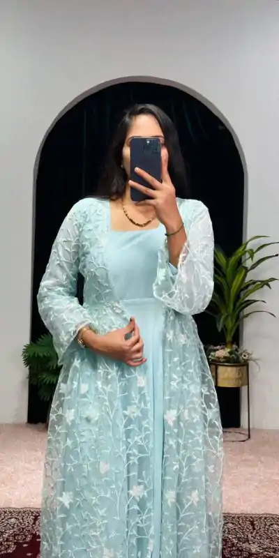 ST 1042 Blue Color Georgette Embroidery Sequence Gown Casual, Wedding, Party, Festive, Events Etc. Expected Delivery 4-6 Working Days @1999/- | Bollywood Gowns, Creative Gowns, Designer Gowns, Gowns, Party Wear Gowns