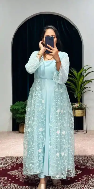 ST 1042 Blue Color Georgette Embroidery Sequence Gown Casual, Wedding, Party, Festive, Events Etc. Expected Delivery 4-6 Working Days @1999/- | Bollywood Gowns, Creative Gowns, Designer Gowns, Gowns, Party Wear Gowns