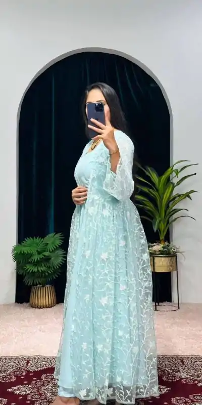 ST 1042 Blue Color Georgette Embroidery Sequence Gown Casual, Wedding, Party, Festive, Events Etc. Expected Delivery 4-6 Working Days @1999/- | Bollywood Gowns, Creative Gowns, Designer Gowns, Gowns, Party Wear Gowns