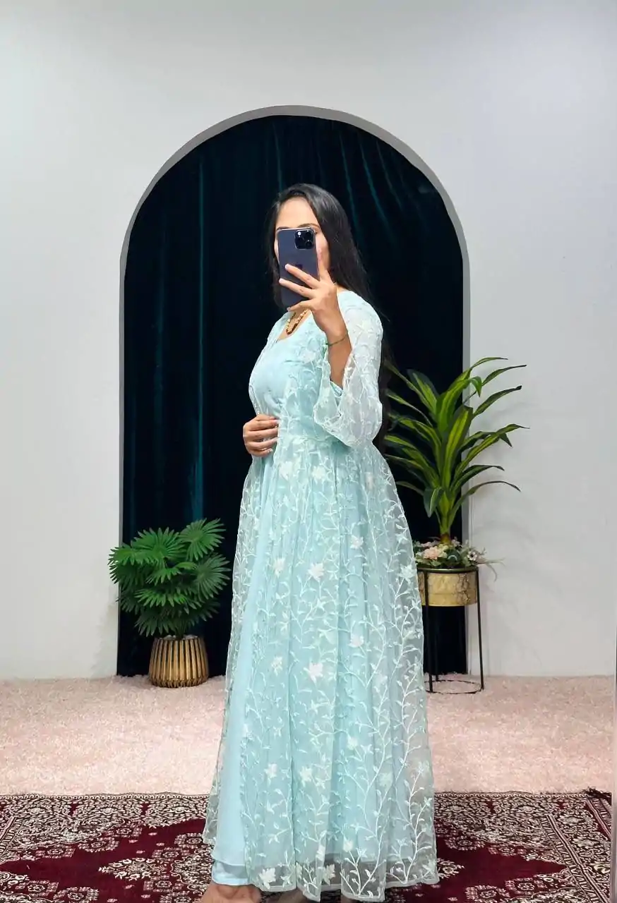 ST 1042 Blue Color Georgette Embroidery Sequence Gown Casual, Wedding, Party, Festive, Events Etc. Expected Delivery 4-6 Working Days @1999/- | Bollywood Gowns, Creative Gowns, Designer Gowns, Gowns, Party Wear Gowns