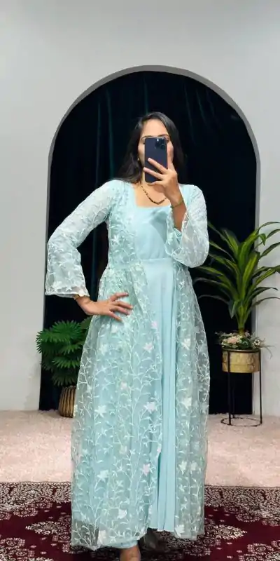 ST 1042 Blue Color Georgette Embroidery Sequence Gown Casual, Wedding, Party, Festive, Events Etc. Expected Delivery 4-6 Working Days @1999/- | Bollywood Gowns, Creative Gowns, Designer Gowns, Gowns, Party Wear Gowns