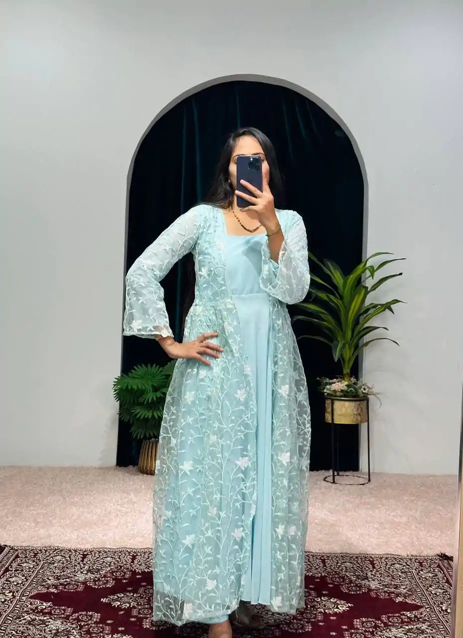 ST 1042 Blue Color Georgette Embroidery Sequence Gown Casual, Wedding, Party, Festive, Events Etc. Expected Delivery 4-6 Working Days @1999/- | Bollywood Gowns, Creative Gowns, Designer Gowns, Gowns, Party Wear Gowns