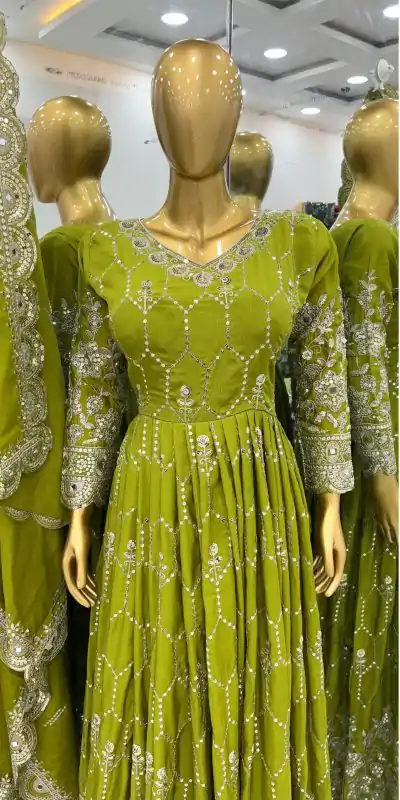 SR 1625 Green Color Chinnon Silk Embroidery Sequence Gown Casual, Wedding, Party, Festive, Events Etc. Expected Delivery 4-6 Working Days @2199/- | Bollywood Gowns, Creative Gowns, Designer Gowns, Gowns, Party Wear Gowns