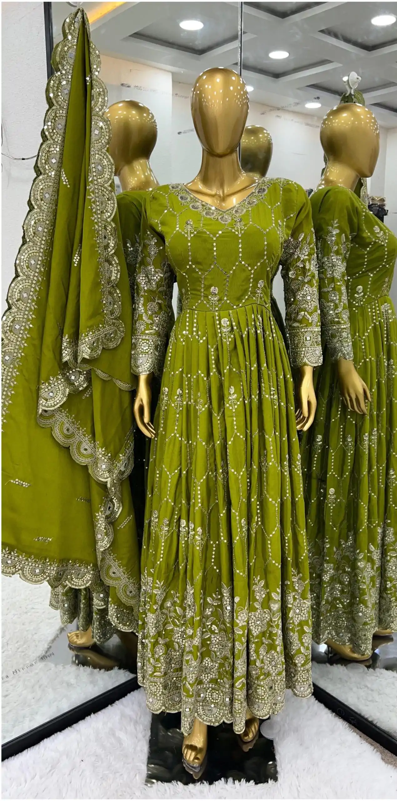 SR 1625 Green Color Chinnon Silk Embroidery Sequence Gown Casual, Wedding, Party, Festive, Events Etc. Expected Delivery 4-6 Working Days @2199/- | Bollywood Gowns, Creative Gowns, Designer Gowns, Gowns, Party Wear Gowns