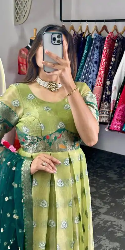 KD 8072 Green Color Kota Silk Weaving Jacquard Gown Casual, Party, Wedding, Festive, Events Etc. Expected Delivery 4-6 Working Days @2099/- Only | Bollywood Gowns, Creative Gowns, Designer Gowns, Gowns, Party Wear Gowns