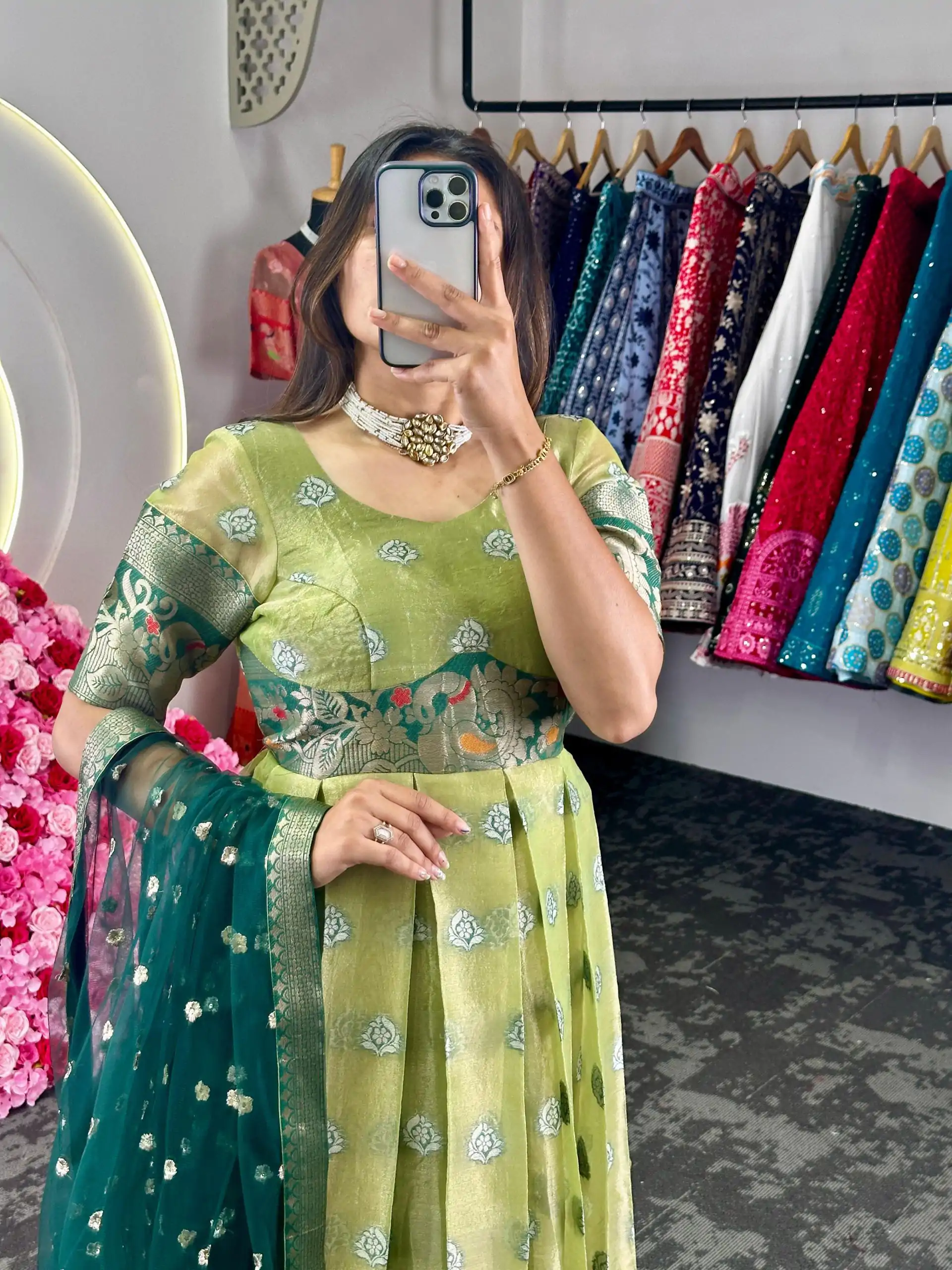 KD 8072 Green Color Kota Silk Weaving Jacquard Gown Casual, Party, Wedding, Festive, Events Etc. Expected Delivery 4-6 Working Days @2099/- Only | Bollywood Gowns, Creative Gowns, Designer Gowns, Gowns, Party Wear Gowns