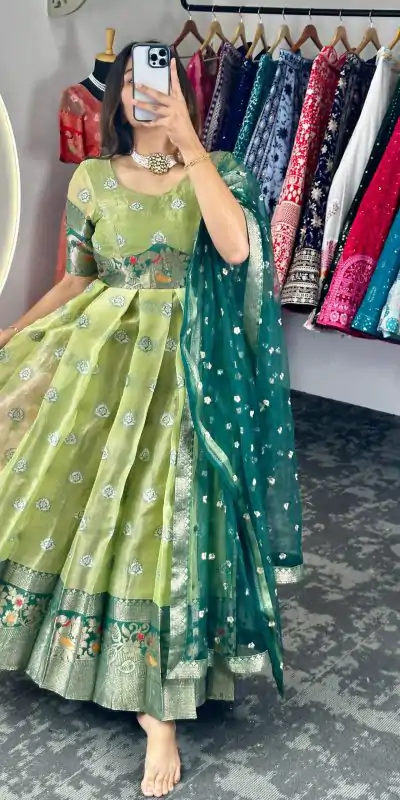 KD 8072 Green Color Kota Silk Weaving Jacquard Gown Casual, Party, Wedding, Festive, Events Etc. Expected Delivery 4-6 Working Days @2099/- Only | Bollywood Gowns, Creative Gowns, Designer Gowns, Gowns, Party Wear Gowns
