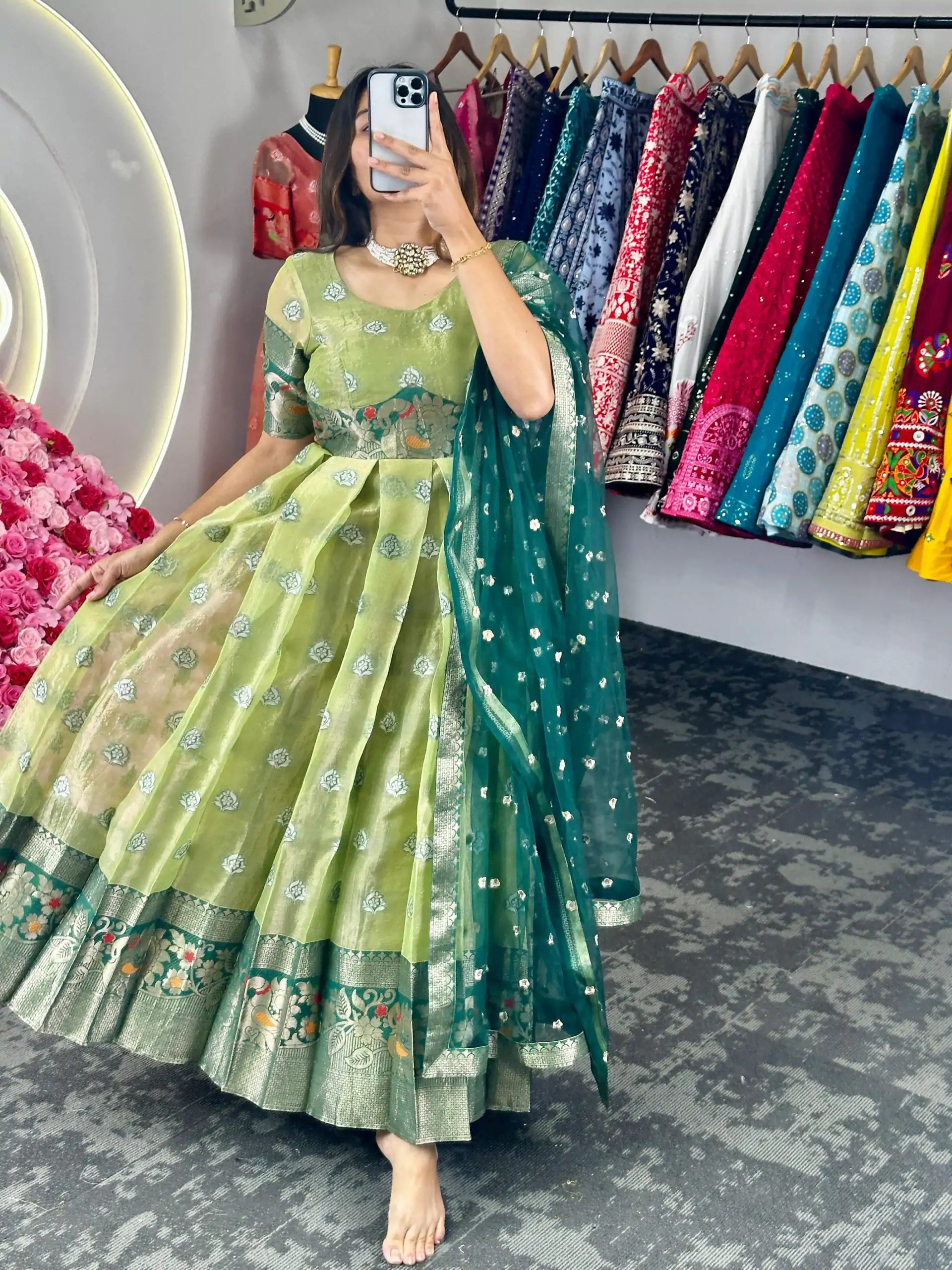 KD 8072 Green Color Kota Silk Weaving Jacquard Gown Casual, Party, Wedding, Festive, Events Etc. Expected Delivery 4-6 Working Days @2099/- Only | Bollywood Gowns, Creative Gowns, Designer Gowns, Gowns, Party Wear Gowns