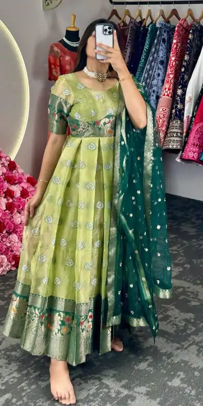 KD 8072 Green Color Kota Silk Weaving Jacquard Gown Casual, Party, Wedding, Festive, Events Etc. Expected Delivery 4-6 Working Days @2099/- Only | Bollywood Gowns, Creative Gowns, Designer Gowns, Gowns, Party Wear Gowns
