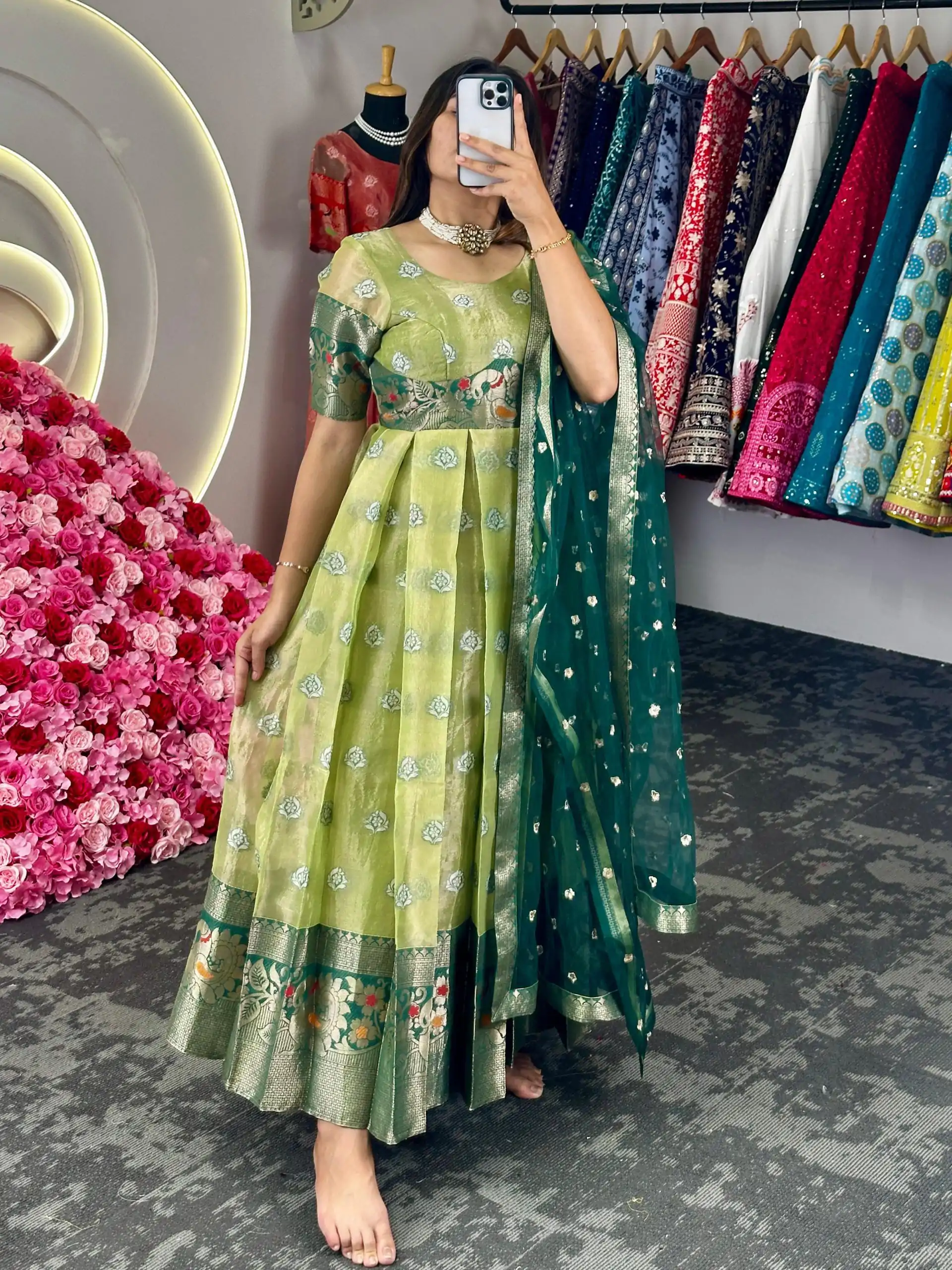 KD 8072 Green Color Kota Silk Weaving Jacquard Gown Casual, Party, Wedding, Festive, Events Etc. Expected Delivery 4-6 Working Days @2099/- Only | Bollywood Gowns, Creative Gowns, Designer Gowns, Gowns, Party Wear Gowns