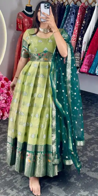 KD 8072 Green Color Kota Silk Weaving Jacquard Gown Casual, Party, Wedding, Festive, Events Etc.  Expected Delivery  4-6 Working Days @2099/- Only | Bollywood Gowns, Creative Gowns, Designer Gowns, Gowns, Party Wear Gowns