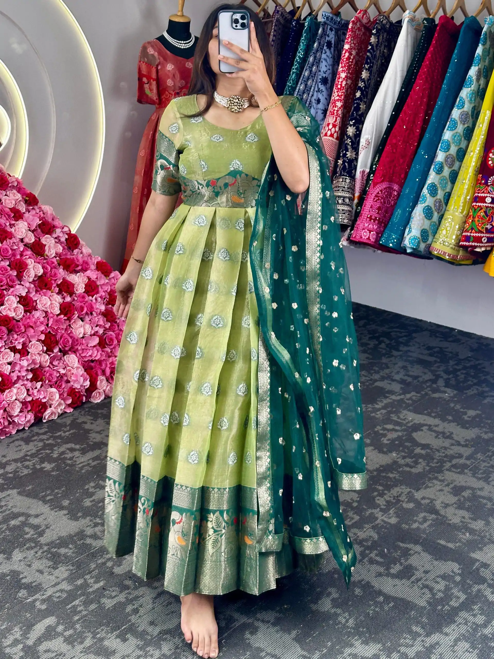 KD 8072 Green Color Kota Silk Weaving Jacquard Gown Casual, Party, Wedding, Festive, Events Etc. Expected Delivery 4-6 Working Days @2099/- Only | Bollywood Gowns, Creative Gowns, Designer Gowns, Gowns, Party Wear Gowns