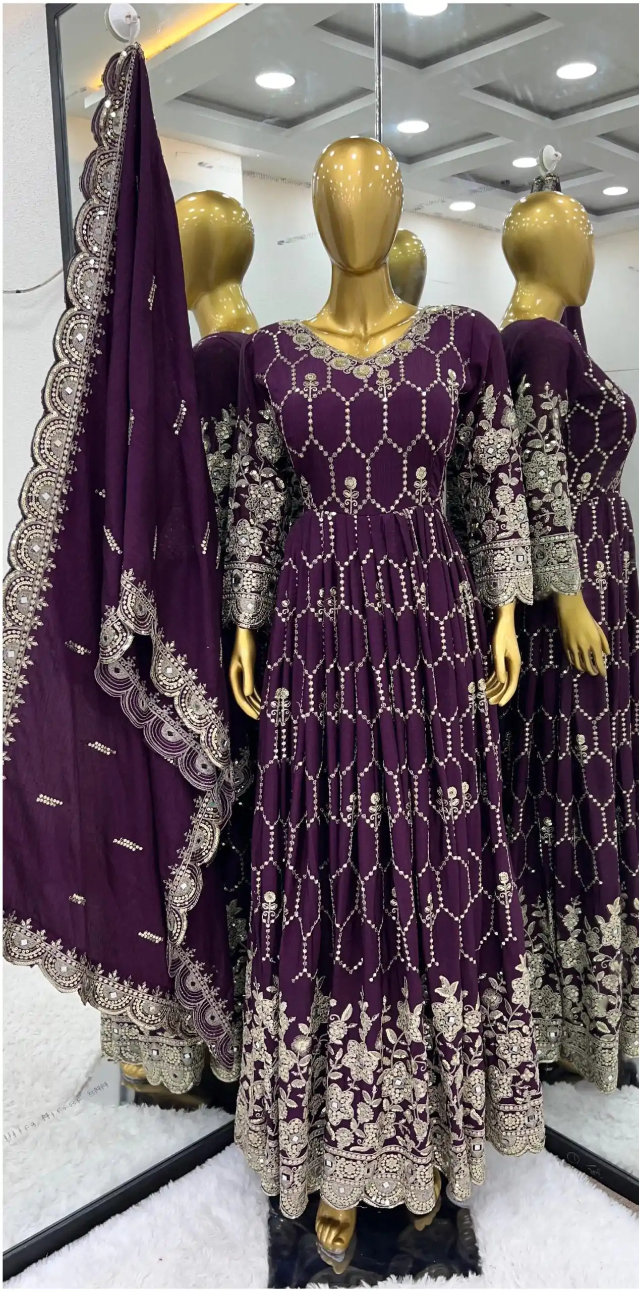 SR 1625 Purple Color Chinnon Silk Embroidery Sequence Gown Casual, Wedding, Party, Festive, Events Etc. Expected Delivery 4-6 Working Days @2199/- | Bollywood Gowns, Creative Gowns, Designer Gowns, Gowns, Party Wear Gowns