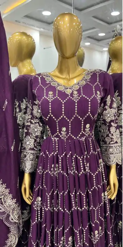 SR 1625 Purple Color Chinnon Silk Embroidery Sequence Gown Casual, Wedding, Party, Festive, Events Etc. Expected Delivery 4-6 Working Days @2199/- | Bollywood Gowns, Creative Gowns, Designer Gowns, Gowns, Party Wear Gowns