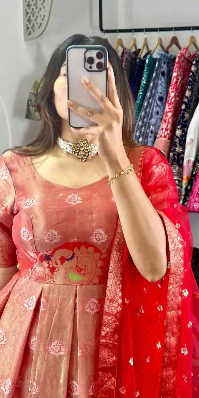 KD 8072 Red Color Kota Silk Weaving Jacquard Gown Casual, Party, Wedding, Festive, Events Etc. Expected Delivery 4-6 Working Days @2099/- Only | Bollywood Gowns, Creative Gowns, Designer Gowns, Gowns, Party Wear Gowns