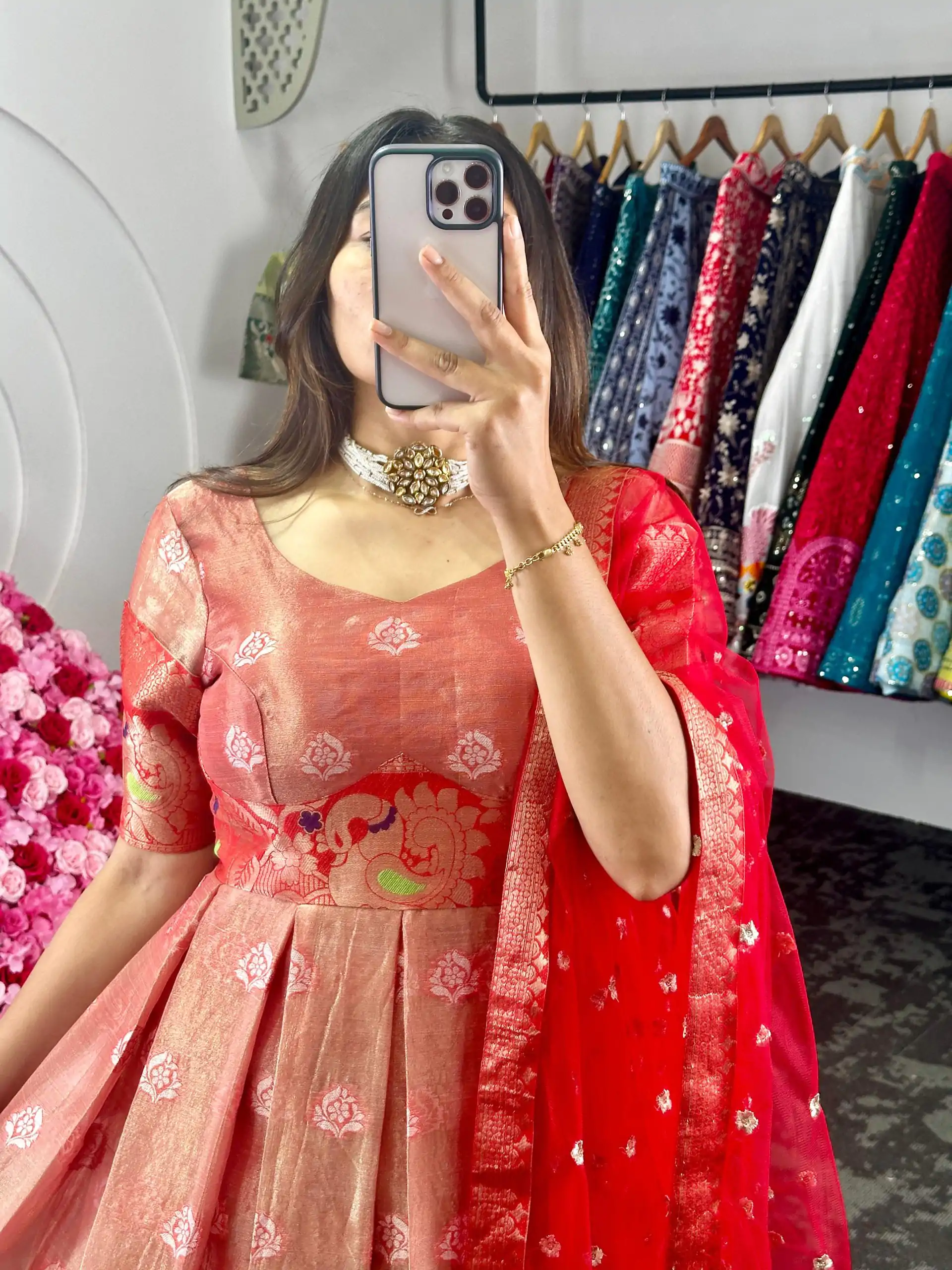 KD 8072 Red Color Kota Silk Weaving Jacquard Gown Casual, Party, Wedding, Festive, Events Etc.  Expected Delivery  4-6 Working Days @2099/- Only | Bollywood Gowns, Creative Gowns, Designer Gowns, Gowns, Party Wear Gowns