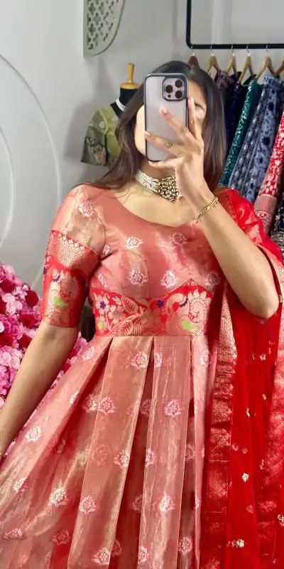 KD 8072 Red Color Kota Silk Weaving Jacquard Gown Casual, Party, Wedding, Festive, Events Etc. Expected Delivery 4-6 Working Days @2099/- Only | Bollywood Gowns, Creative Gowns, Designer Gowns, Gowns, Party Wear Gowns
