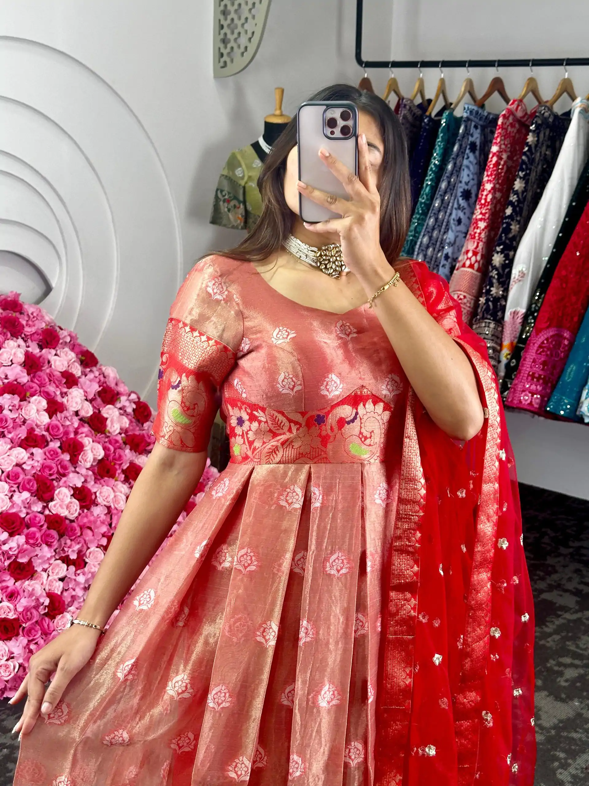 KD 8072 Red Color Kota Silk Weaving Jacquard Gown Casual, Party, Wedding, Festive, Events Etc.  Expected Delivery  4-6 Working Days @2099/- Only | Bollywood Gowns, Creative Gowns, Designer Gowns, Gowns, Party Wear Gowns