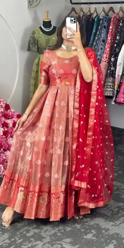 KD 8072 Red Color Kota Silk Weaving Jacquard Gown Casual, Party, Wedding, Festive, Events Etc. Expected Delivery 4-6 Working Days @2099/- Only | Bollywood Gowns, Creative Gowns, Designer Gowns, Gowns, Party Wear Gowns