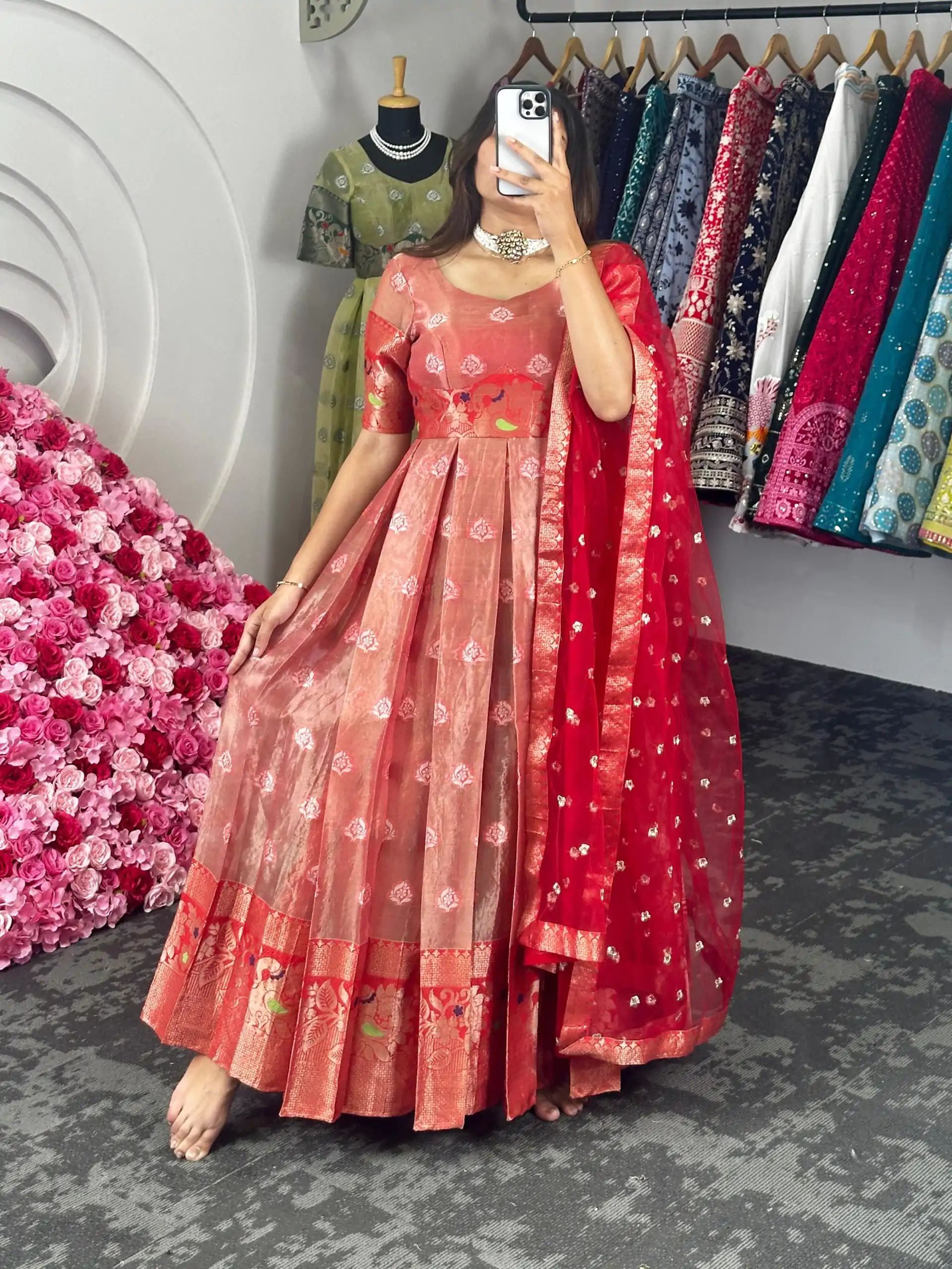 KD 8072 Red Color Kota Silk Weaving Jacquard Gown Casual, Party, Wedding, Festive, Events Etc.  Expected Delivery  4-6 Working Days @2099/- Only | Bollywood Gowns, Creative Gowns, Designer Gowns, Gowns, Party Wear Gowns