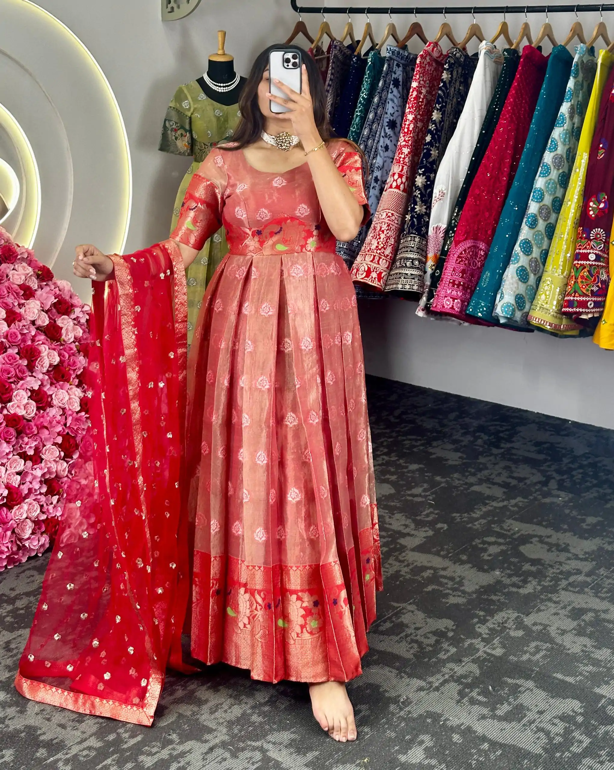 KD 8072 Red Color Kota Silk Weaving Jacquard Gown Casual, Party, Wedding, Festive, Events Etc.  Expected Delivery  4-6 Working Days @2099/- Only | Bollywood Gowns, Creative Gowns, Designer Gowns, Gowns, Party Wear Gowns
