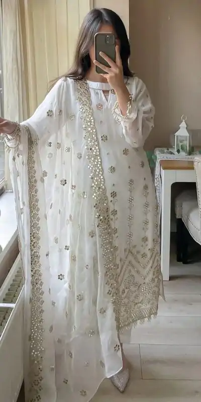 VLM 203 White Color Georgette Embroidery Sequence Salwar Suit Wedding, Party, Festive, Events Expected Delivery 4-6 Working Days @ 1999/- Only | Casual Suits, Creative suits, Designer Suits, Party Wear Suits, Salwar suit, Straight Suits