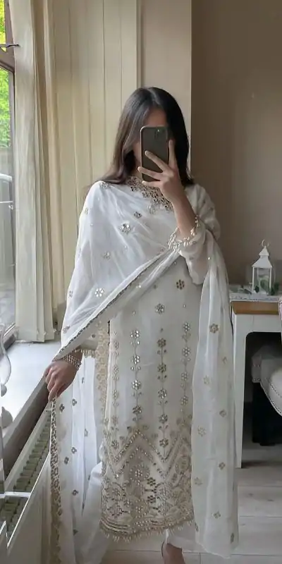 VLM 203 White Color Georgette Embroidery Sequence Salwar Suit Wedding, Party, Festive, Events Expected Delivery 4-6 Working Days @ 1999/- Only | Casual Suits, Creative suits, Designer Suits, Party Wear Suits, Salwar suit, Straight Suits
