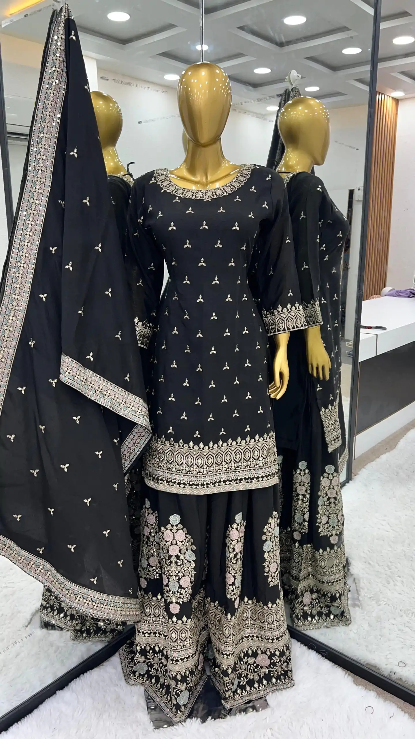 SR 1627 Black Color Chinon Silk Malty Embroidery Sharara Suit Wedding, Party, Festive, Events Etc. Expected Delivery 4-6 Working Days @2199Only | Casual Suits, Creative suits, Designer Suits, Palazzo Suits, Party Wear Suits, Salwar suit, Straight Suits