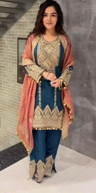 AD 1668 Blue Color Chinon Silk Embroidery Sequence Sharara Suit Casual, Wedding, Party, Festive, Events Etc. Expected Delivery 4-6 Working Days @2499/- | Jump Suits, Casual Suits, Creative suits, Designer Suits, Palazzo Suits, Party Wear Suits, Patiala Suits, Salwar suit, Straight Suits
