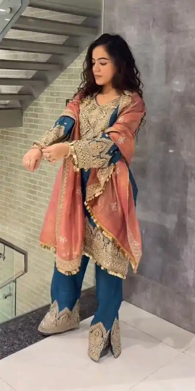 AD 1668 Blue Color Chinon Silk Embroidery Sequence Sharara Suit Casual, Wedding, Party, Festive, Events Etc. Expected Delivery 4-6 Working Days @2499/- | Jump Suits, Casual Suits, Creative suits, Designer Suits, Palazzo Suits, Party Wear Suits, Patiala Suits, Salwar suit, Straight Suits