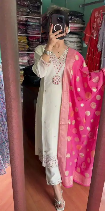 SRK 5173 White Color Chinnon Silk Embroidery Sequence Salwar Suit Wedding, Party, Festive, Events Expected Delivery 4-6 Working Days @ 1899/- | Jump Suits, Casual Suits, Creative suits, Designer Suits, Palazzo Suits, Party Wear Suits, Patiala Suits, Salwar suit, Straight Suits