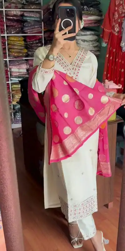 SRK 5173 White Color Chinnon Silk Embroidery Sequence Salwar Suit Wedding, Party, Festive, Events Expected Delivery 4-6 Working Days @ 1899/- | Jump Suits, Casual Suits, Creative suits, Designer Suits, Palazzo Suits, Party Wear Suits, Patiala Suits, Salwar suit, Straight Suits
