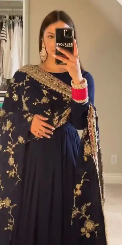 ZF 384 Navy Blue Color Chinon Silk Embroidery Sequence Gonw Casual, Wedding, Party, Festive, Events Etc. Expected Delivery 4-6 Working Days @2149/- | Bollywood Gowns, Creative Gowns, Designer Gowns, Gowns, Party Wear Gowns