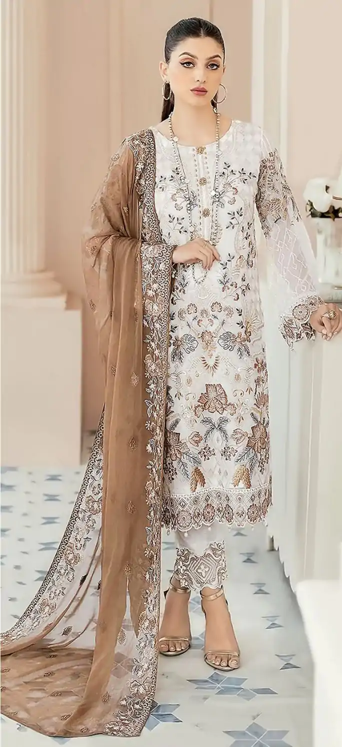 FC 123 White & Coffee Color Georgette Embroidery Salwar Suit Wedding, Party, Festive events, Expected Delivery  4-6 Working Days @2049 | Casual Suits, Creative suits, Designer Suits, Palazzo Suits, Party Wear Suits, Patiala Suits, Salwar suit, Straight Suits