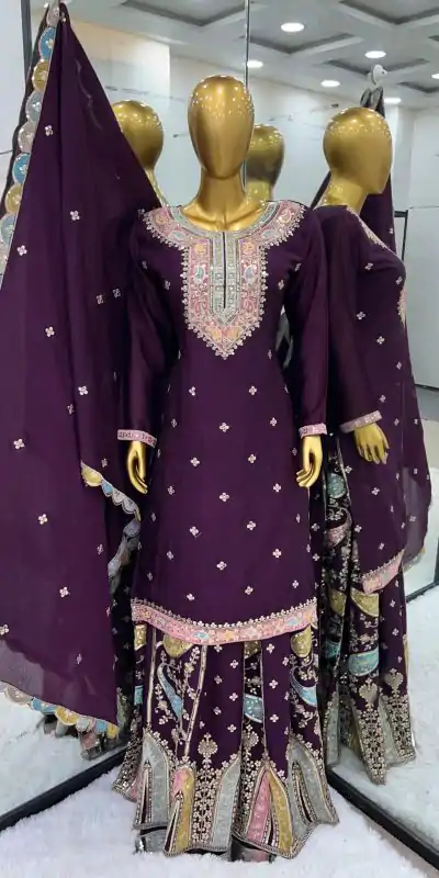 ZF 377 Purple Color Chinnon Silk Embroidery Sequence Salwar Suit Casual, Wedding, Party, Events Etc. Expected Delivery 4-6 Working Days 2499/- | Jump Suits, Casual Suits, Creative suits, Designer Suits, Palazzo Suits, Party Wear Suits, Patiala Suits, Salwar suit, Straight Suits