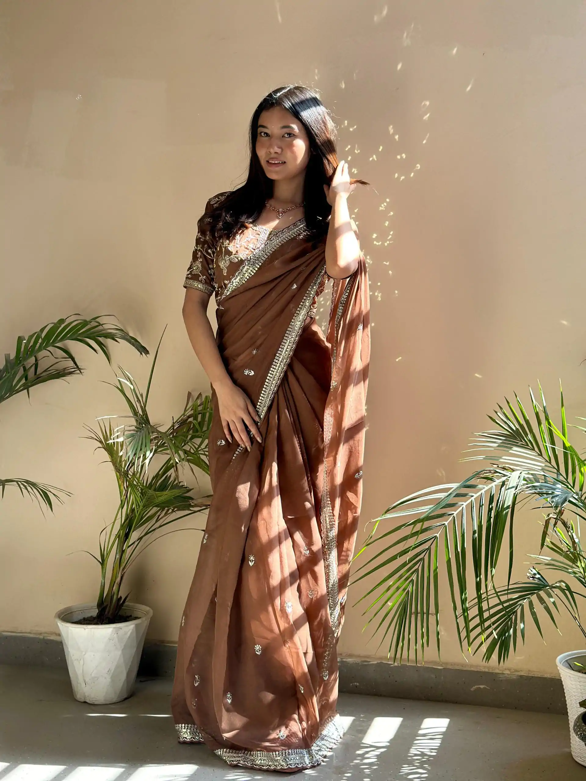 AC MAGIC CIRCLE Brown Color Pure Soft Organza Embroidery Zari Saree Casual, Wedding, Festive, Events Expected Delivery 4-6 Working Days @2099/- | Bollywood Sarees, Creative Sarees, Designer Sarees, Embroidered Sarees, Ethnic Saree, Modern Digital sarees, Party Wear Sarees, Sarees