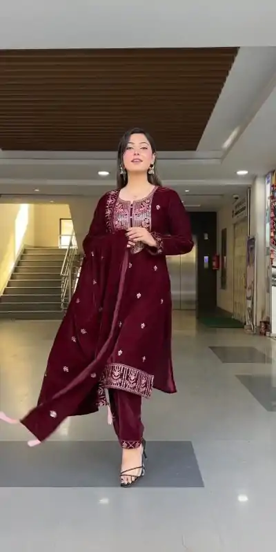 ZF 343 Maroon Color Viscose Velvet Embroidery Salwar Suit Casual, Wedding, Party, Events Etc. Expected Delivery 4-6 Working Days 1899/- | Jump Suits, Casual Suits, Creative suits, Designer Suits, Palazzo Suits, Party Wear Suits, Patiala Suits, Salwar suit, Straight Suits