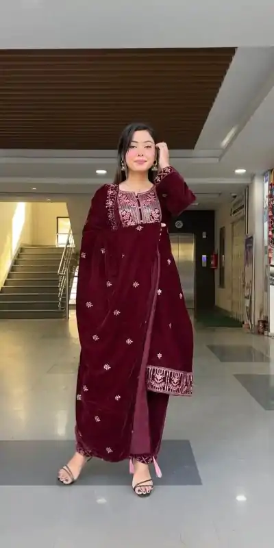 ZF 343 Maroon Color Viscose Velvet Embroidery Salwar Suit Casual, Wedding, Party, Events Etc. Expected Delivery 4-6 Working Days 1899/- | Jump Suits, Casual Suits, Creative suits, Designer Suits, Palazzo Suits, Party Wear Suits, Patiala Suits, Salwar suit, Straight Suits