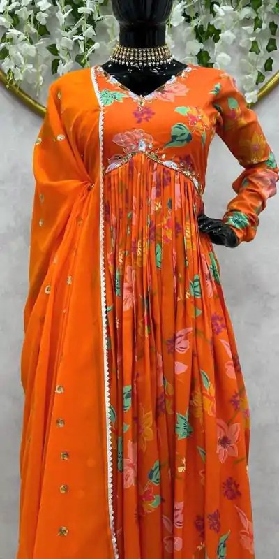 KD 1375 Orange Color Muslin Digital Print With Hand Work Salwar Suit Casual, Party, Festive, Events Wedding Etc. Expected Delivery 4-6 Working Days @2099/- | Casual Suits, Creative suits, Designer Suits, Palazzo Suits, Party Wear Suits, Salwar suit, Straight Suits
