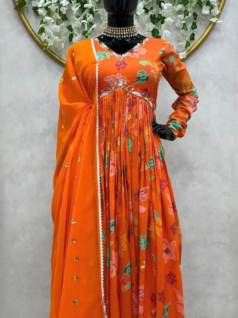 KD 1375 Orange Color Muslin Digital Print With Hand Work Salwar Suit Casual, Party, Festive, Events Wedding Etc.  Expected Delivery 4-6 Working Days @2099/- | Casual Suits, Creative suits, Designer Suits, Palazzo Suits, Party Wear Suits, Salwar suit, Straight Suits