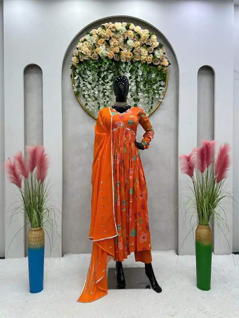 KD 1375 Orange Color Muslin Digital Print With Hand Work Salwar Suit Casual, Party, Festive, Events Wedding Etc.  Expected Delivery 4-6 Working Days @2099/- | Casual Suits, Creative suits, Designer Suits, Palazzo Suits, Party Wear Suits, Salwar suit, Straight Suits