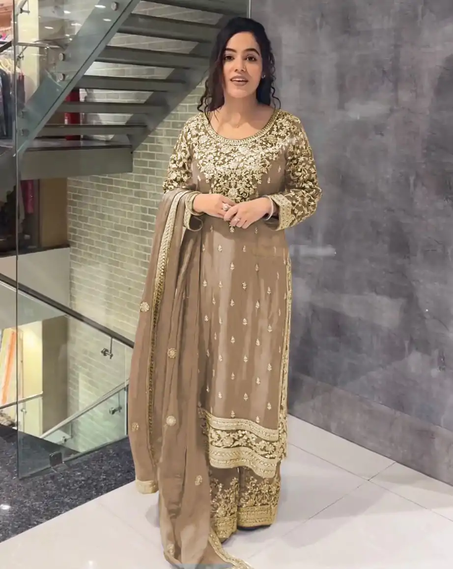 SSR 477 Cream Color Chinnon Silk Embroidery Sequence Salwar Suit Wedding, Party, Festive, Events Expected Delivery 4-6 Working Days @ 2099/- | Jump Suits, Casual Suits, Creative suits, Designer Suits, Palazzo Suits, Party Wear Suits, Patiala Suits, Salwar suit, Straight Suits
