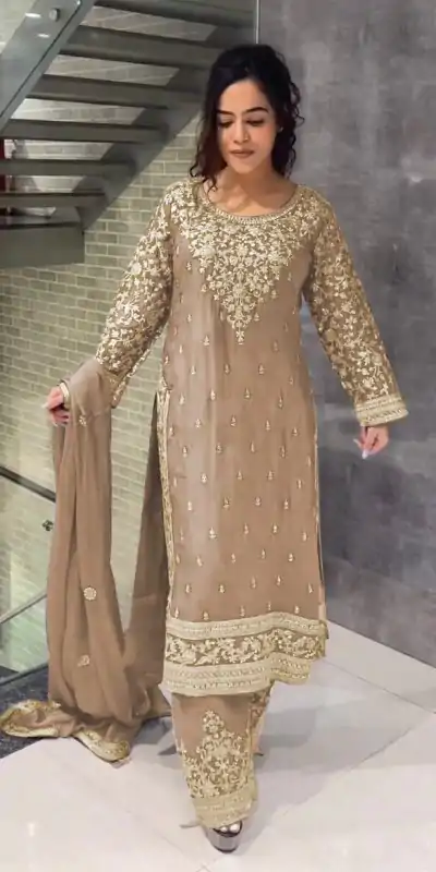 SSR 477 Cream Color Chinnon Silk Embroidery Sequence Salwar Suit Wedding, Party, Festive, Events Expected Delivery 4-6 Working Days @ 2099/- | Jump Suits, Casual Suits, Creative suits, Designer Suits, Palazzo Suits, Party Wear Suits, Patiala Suits, Salwar suit, Straight Suits