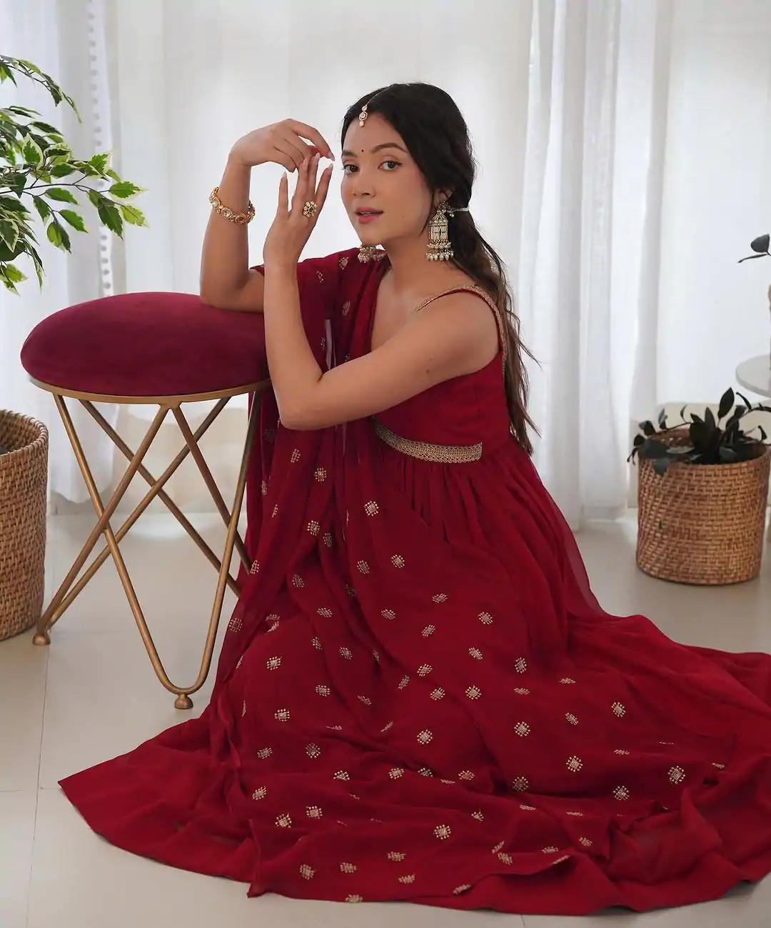 SSR 450 Maroon Color Georgette Embroidery Sequence Gown Casual, Wedding, Party, Festive, Events Etc. Expected Delivery 4-6 Working Days @1799/- | Bollywood Gowns, Creative Gowns, Designer Gowns, Gowns, Party Wear Gowns