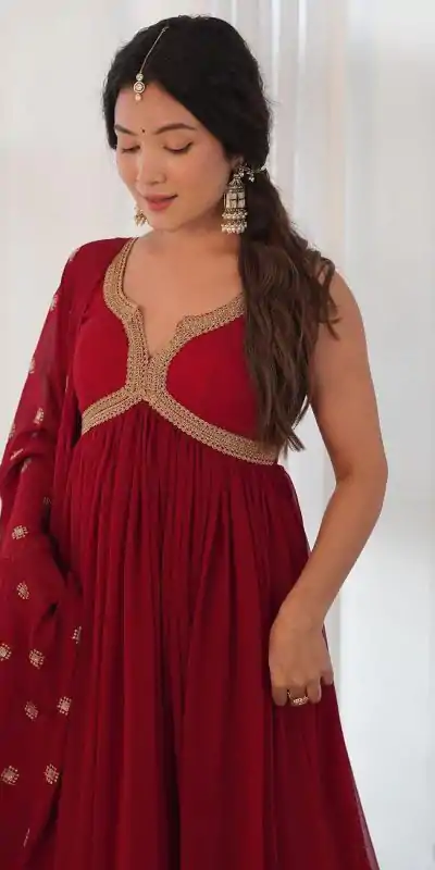 SSR 450 Maroon Color Georgette Embroidery Sequence Gown Casual, Wedding, Party, Festive, Events Etc. Expected Delivery 4-6 Working Days @1799/- | Bollywood Gowns, Creative Gowns, Designer Gowns, Gowns, Party Wear Gowns