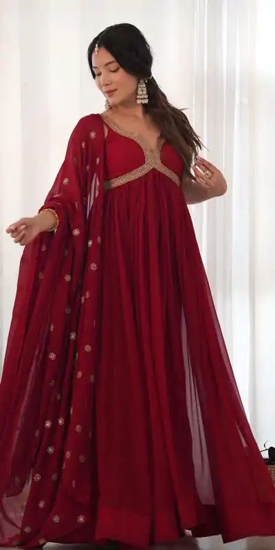 SSR 450 Maroon Color Georgette Embroidery Sequence Gown Casual, Wedding, Party, Festive, Events Etc. Expected Delivery 4-6 Working Days @1799/- | Bollywood Gowns, Creative Gowns, Designer Gowns, Gowns, Party Wear Gowns