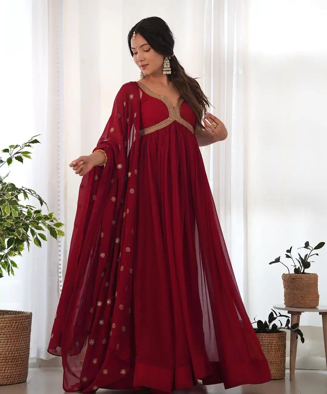 SSR 450 Maroon Color Georgette Embroidery Sequence Gown Casual, Wedding, Party, Festive, Events Etc. Expected Delivery 4-6 Working Days @1799/- | Bollywood Gowns, Creative Gowns, Designer Gowns, Gowns, Party Wear Gowns