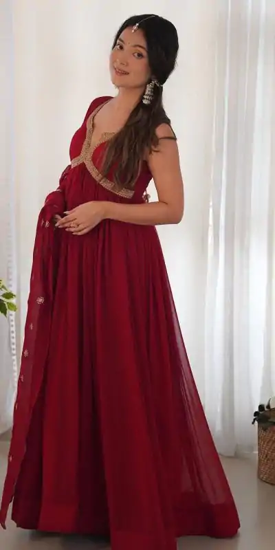SSR 450 Maroon Color Georgette Embroidery Sequence Gown Casual, Wedding, Party, Festive, Events Etc. Expected Delivery 4-6 Working Days @1799/- | Bollywood Gowns, Creative Gowns, Designer Gowns, Gowns, Party Wear Gowns