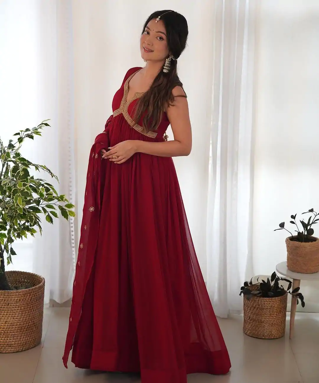 SSR 450 Maroon Color Georgette Embroidery Sequence Gown Casual, Wedding, Party, Festive, Events Etc. Expected Delivery 4-6 Working Days @1799/- | Bollywood Gowns, Creative Gowns, Designer Gowns, Gowns, Party Wear Gowns